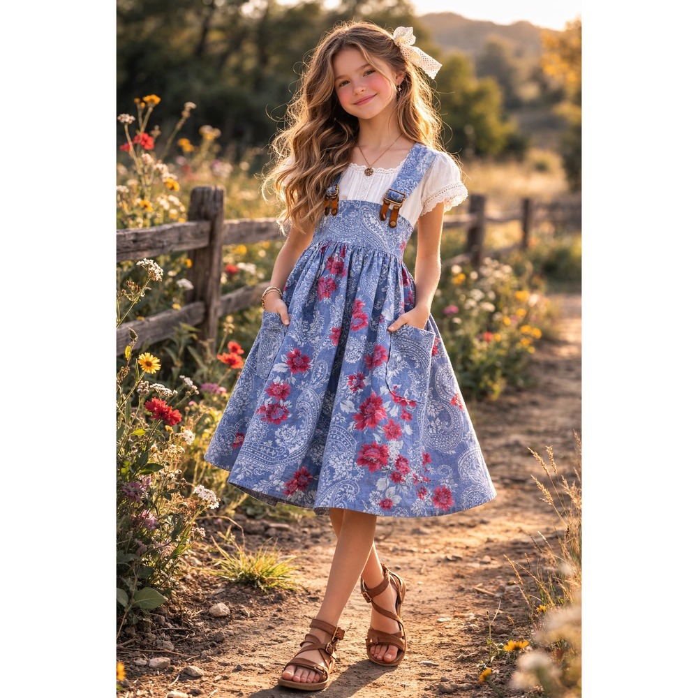Vintage Girls Poly Flinders Pinafore Dress size‎ 12 USA Cottage